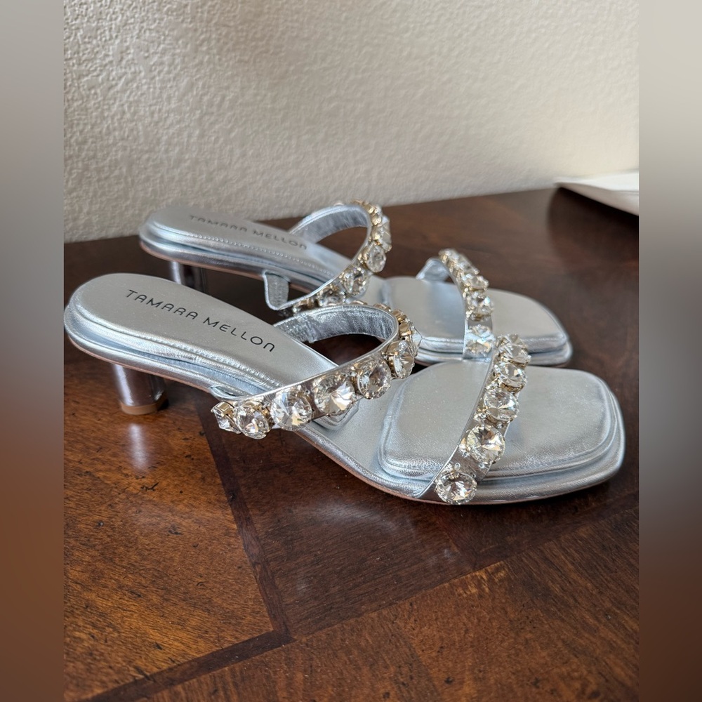 TAMARA MELLON Absolute Crystal Sandal Heels 40MM Silver 37.5 Italy $899
